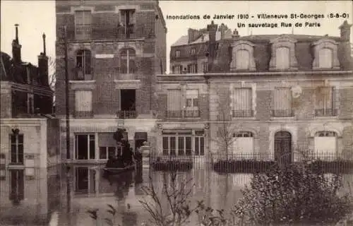 Ak Villeneuve Saint Georges Val de Marne, Überschwemmung Januar 1910, Rettung, Häuser