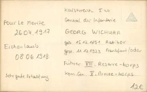 Ak General Georg von Wichura, Kaiserreich, NPG 5158