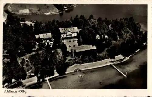 Ak Schliersee Oberbayern, Ankelalm, Luftaufnahme eines Hauses, Wald, See, Uferpromenade, Bootsanl