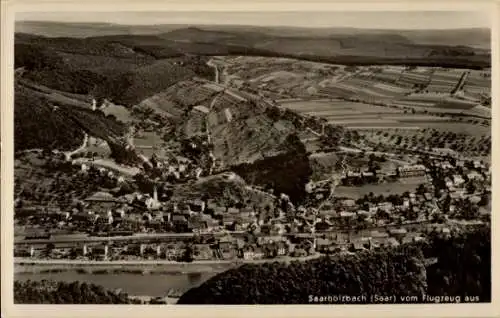 Ak Saarhölzbach Mettlach im Saarland, Aerial view of Saarholzbach, river and surrounding hills, b