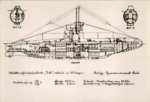 Ak Deutsches Kriegsschiff, U-Boot, Technische Zeichnung, Krupp-Germaniawerft Kiel