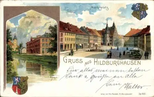 Künstler Ak Hildburghausen in Thüringen, Technikum, Marktplatz, Wappen
