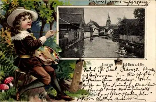 Präge Passepartout Ak Bad Berka in Thüringen, Teilansicht an der Ilm, Kind mit Farbpalette