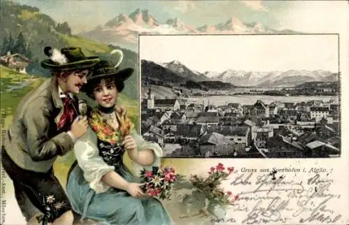 Präge Ak Sonthofen im Oberallgäu Schwaben, Gesamtansicht. Liebespaar