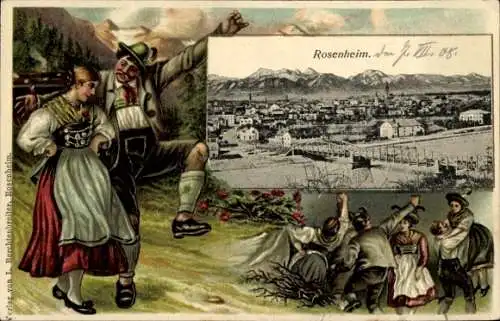 Präge Ak Rosenheim Oberbayern, Gesamtansicht, Tanzpaar in Volkstracht