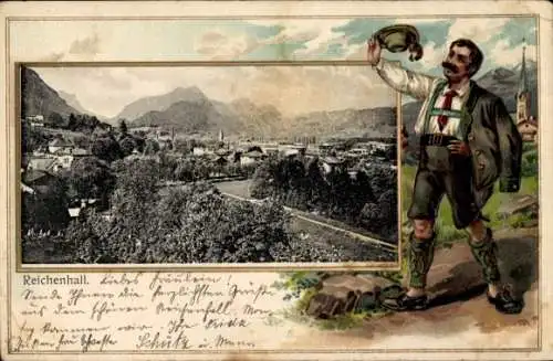 Präge Passepartout Ak Bad Reichenhall in Oberbayern, Gesamtansicht, Mann in Tracht