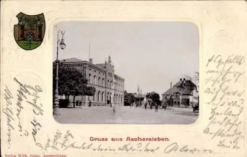 Präge Wappen Ak Aschersleben im Salzlandkreis, Bahnhof, Straße