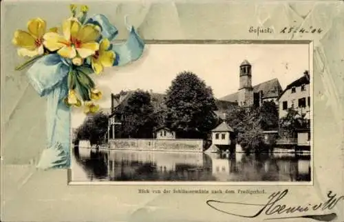 Präge Passepartout Ak Erfurt in Thüringen, Predigerhof von der Schlössermühle gesehen, Blumen