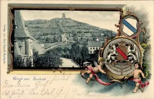 Präge Wappen Passepartout Ak Durlach Karlsruhe in Baden, Gesamtansicht
