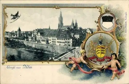 Präge Passepartout Wappen Ak Ulm an der Donau, Gesamtansicht, Ulmer Spatz
