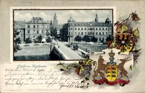Präge Passepartout Wappen Ak Heilbronn am Neckar, Gesamtansicht, Brücke