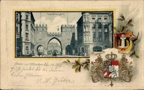 Präge Passepartout Wappen Ak München, Karlstor