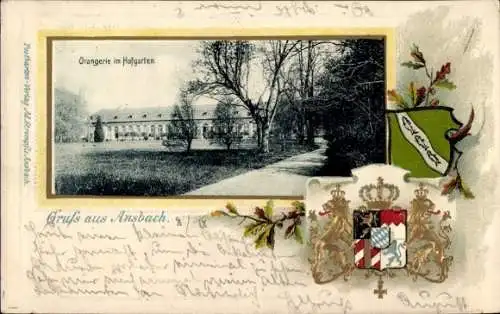 Präge Passepartout Wappen Ak Ansbach in Mittelfranken Bayern, Orangerie, Hofgarten