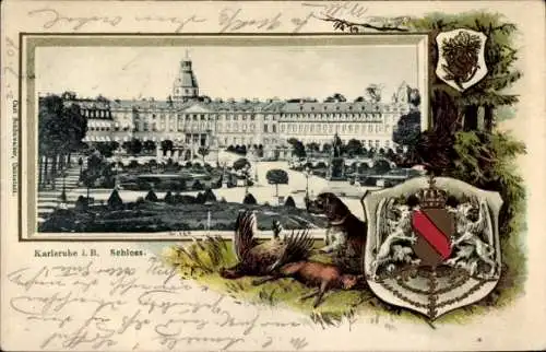 Präge Passepartout Wappen Ak Karlsruhe in Baden, Schloss, Jagdhund, Erlegte Tiere