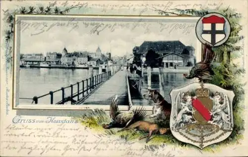 Präge Passepartout Wappen Ak Konstanz am Bodensee, Gesamtansicht, Hafen, Jagdhund, Erlegte Tiere