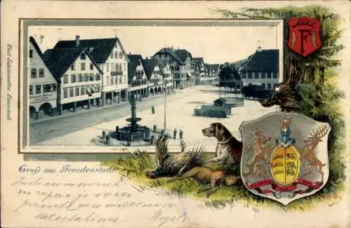 Präge Passepartout Wappen Ak Freudenstadt im Schwarzwald, Platz, Geschäfte, Jagdhund