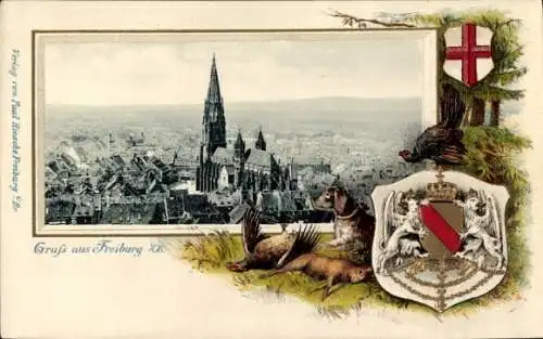 Präge Passepartout Wappen Ak Freiburg im Breisgau, Gesamtansicht, Münster, Jagdhund, Erlegte Tiere