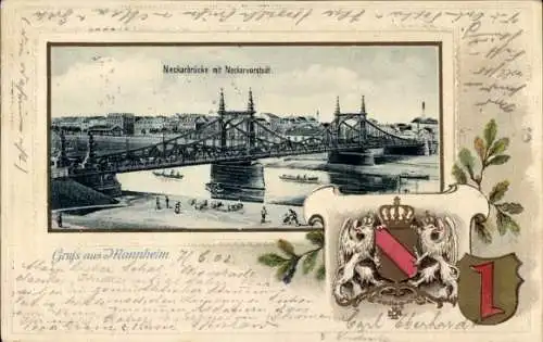 Präge Wappen Litho Mannheim in Baden, Neckarbrücke, Neckarvorstadt