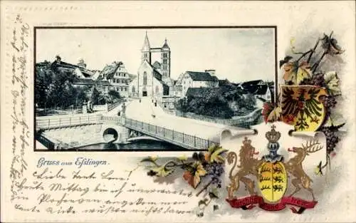 Präge Passepartout Wappen Ak Esslingen am Neckar, Gesamtansicht, Brücke