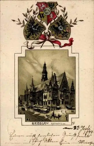 Präge Passepartout Wappen Litho Wrocław Breslau Schlesien, Rathaus