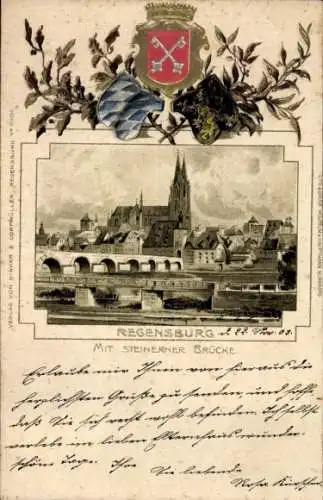 Präge Passepartout Wappen Litho Regensburg an der Donau Oberpfalz, Steinerne Brücke