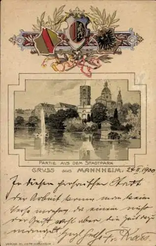 Präge Passepartout Wappen Litho Mannheim in Baden, Stadtpark