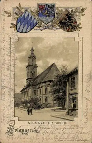 Präge Passepartout Wappen Litho Erlangen in Mittelfranken Bayern, Neustädter Kirche