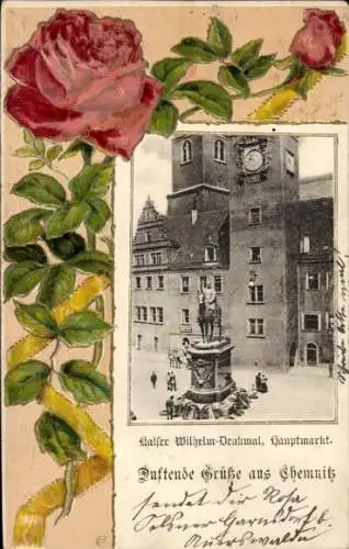 Präge Passepartout Ak Chemnitz in Sachsen, Kaiser-Wilhelm-Denkmal, Hauptmarkt