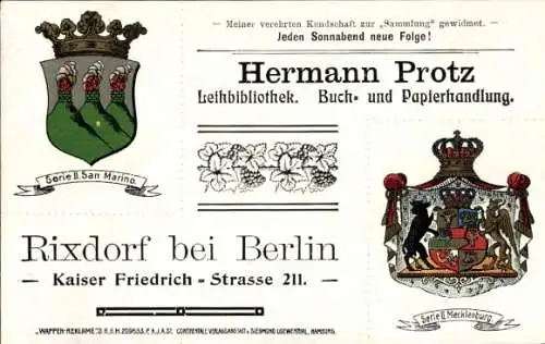 Wappen Ak Berlin Neukölln Rixdorf, Werbung, Hermann Protz, Leihbibliothek, Buchhandel