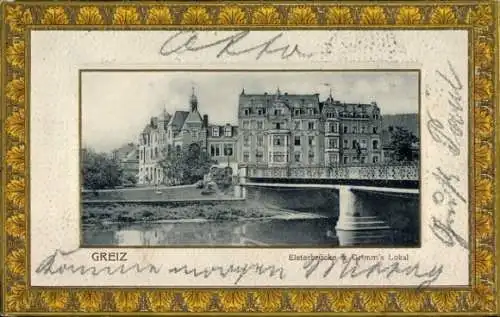 Präge Passepartout Ak Greiz im Vogtland Thüringen, Elsterbrücke, Grimm's-Lokal