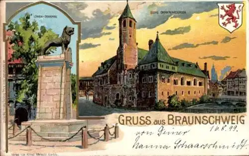 Litho Braunschweig, Löwen Denkmal, Burg Dankwarderode, Wappen