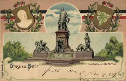 Wappen Litho Berlin Tiergarten, Bismarckdenkmal, Fürst Otto von Bismarck, Portrait