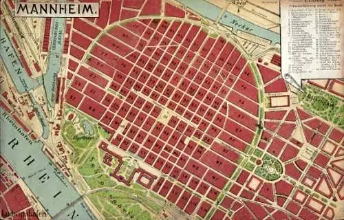 Stadtplan Ak Mannheim in Baden, Totalansicht, Schlossgarten, Rhein, Neckar, Hafen
