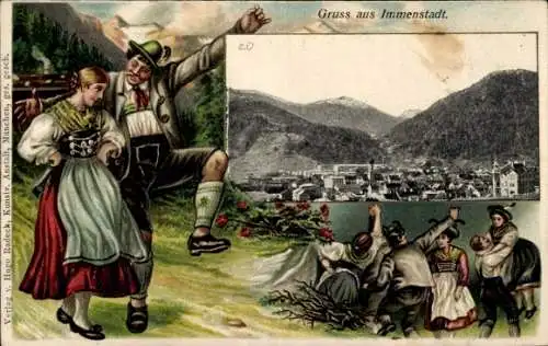Präge Ak Immenstadt im Allgäu Schwaben, Gesamtansicht, Tanzpaar in Tracht