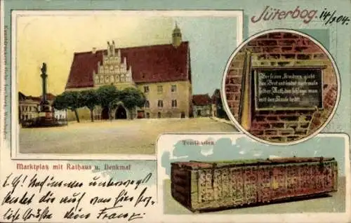 Relief Ak Jüterbog in Brandenburg, Marktplatz, Rathaus, Denkmal, Tezelkasten