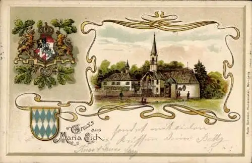 Präge Passepartout Wappen Litho Planegg Oberbayern, Wallfahrtskirche Maria Eich