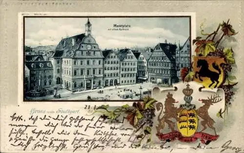 Präge Passepartout Litho Stuttgart in Württemberg, Markt, Rathaus, Wappen