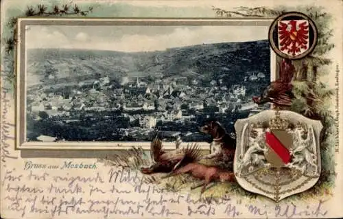 Präge Passepartout Wappen Ak Mosbach am Odenwald Baden, Gesamtansicht