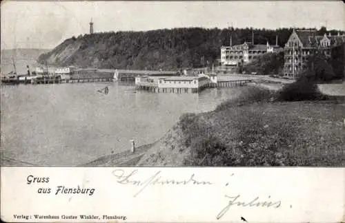 Ak Flensburg in Schleswig Holstein, Blick auf das Hafenareal, Gebäude am Wasser, Schiffe
