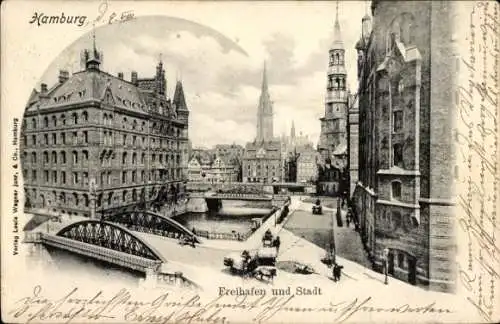Ak Hamburg Mitte Altstadt, Alte Architektur, Brücke, Hafen, Stadtansicht, Kirchtürme