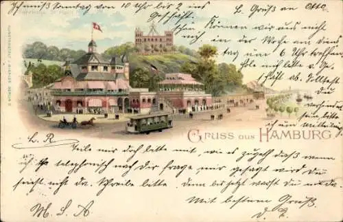 Litho Hamburg Mitte St. Pauli, Fährhaus, Seewarte, Straßenbahn