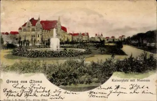 Ak Hamburg Altona, Kaiserplatz mit Museum, Springbrunnen, gepflegte Gärten