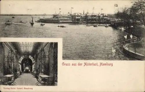 Ak Hamburg Mitte Neustadt, Vorsetzen, Alsterlust, Schiffe, Wasser, Schwäne, Spazierweg, Architekt
