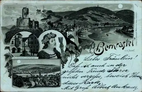 Ak Bernkastel Kues an der Mosel, Vorderseite zeigt Burg und Stadtansicht, Frau mit Becher, Schrif