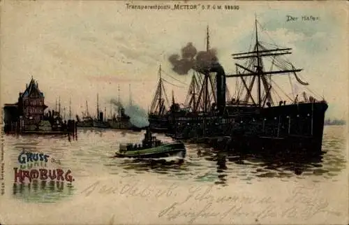Ak Hamburg Mitte Altstadt, Schiff im Hafen, mehrere Boote, Altstadtgebäude, Abendstimmung