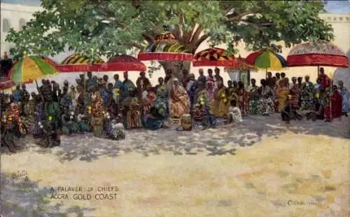 Ak Gold Coast Goldküste Ghana, Palaver von Häuptlingen, bunte Regenschirme, Menschenmenge, Unter 