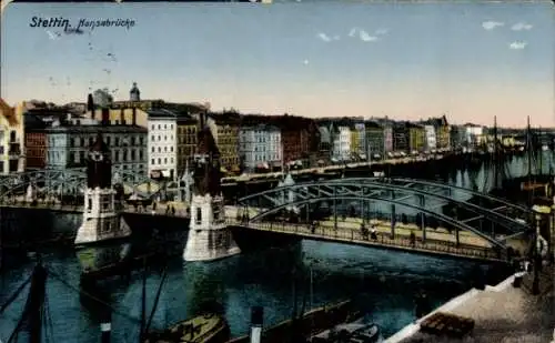 Ak Szczecin Stettin Pommern, Stadtansicht, Hansabrücke, Hafen, Brücke