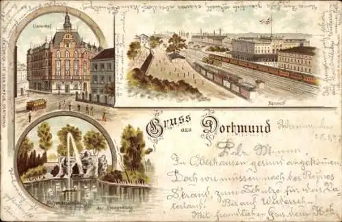 Ak Dortmund im Ruhrgebiet, Stadthalle, Bahnhof, Großenberger Park, Wasserfall,  mit freundlichen 