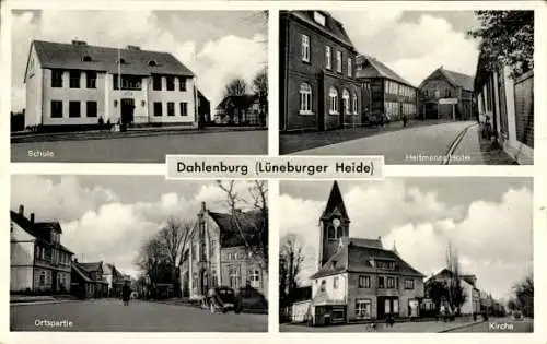Ak Dahlenburg in der Lüneburger Heide, Schule, Heitmanny Hotel, Ortspartie, Kirche