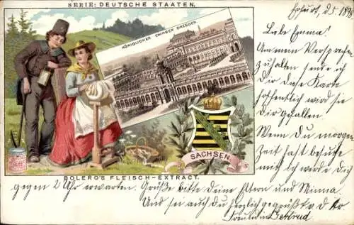Ak Dresden Altstadt, Zwinger, Volkstracht, Boleros Fleisch-Extract, Reklame